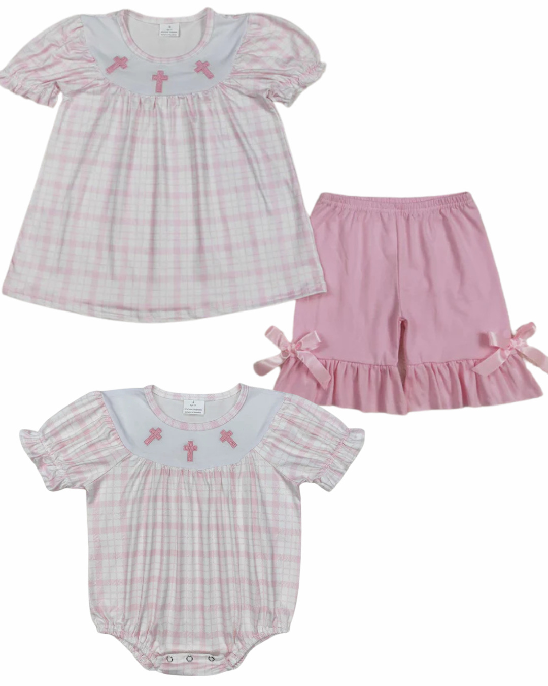 Pink/Plaid Embroidered Cross Sibling Outfits - Preorder