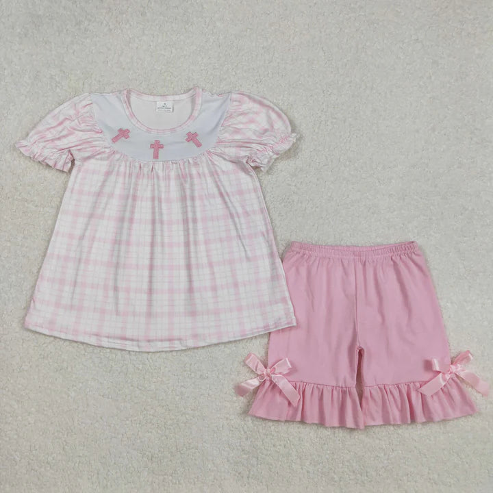 Pink/Plaid Embroidered Cross Sibling Outfits - Preorder