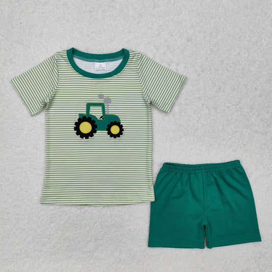 Green Tractor Embroidered Boys Short Set - Preorder