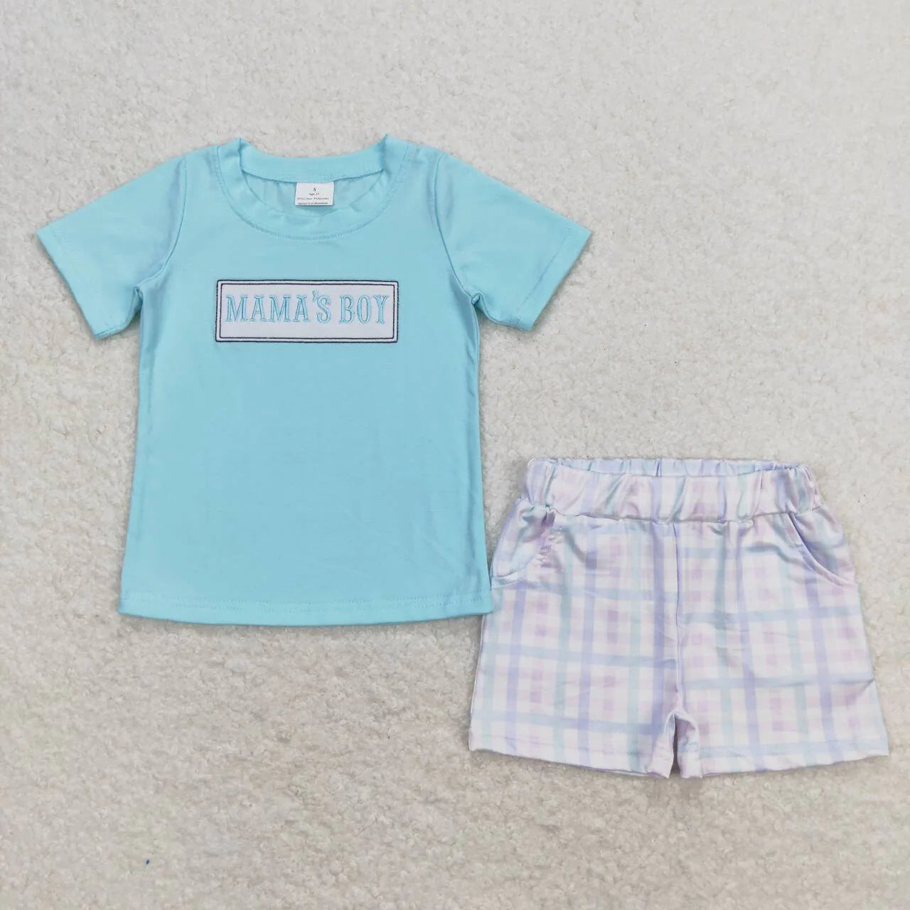 Mama's Boy Embroidered Gingham Boys Shorts Set - Preorder