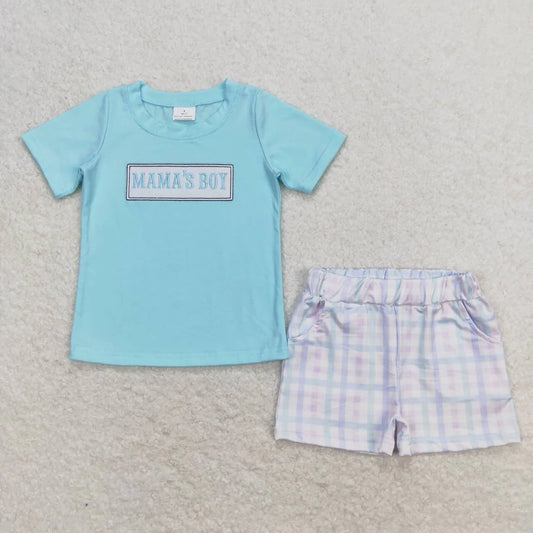 Mama's Boy Embroidered Gingham Boys Shorts Set - Preorder