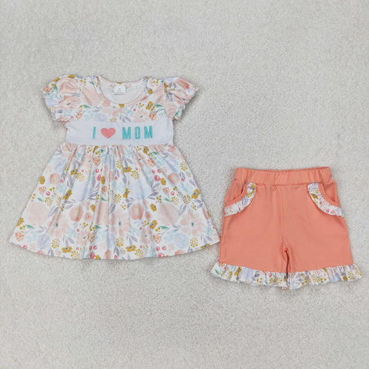 I Love Mom Embroidered Orange Floral Girls Shorts Set - Preorder