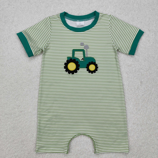 Green Tractor Embroidered Boys Romper - Preorder