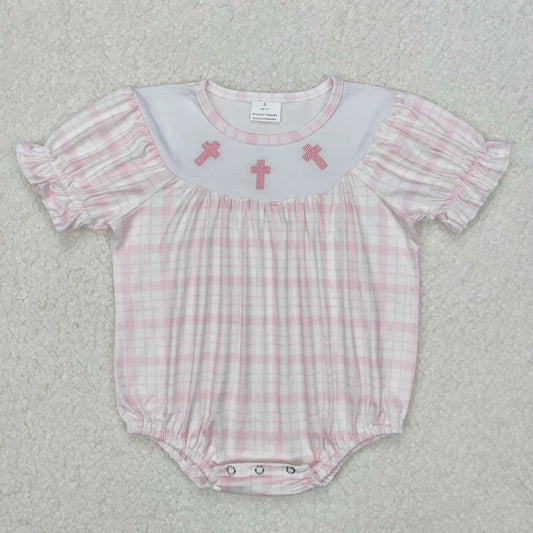 Girls Pink Embroidered Cross Romper  - Preorder