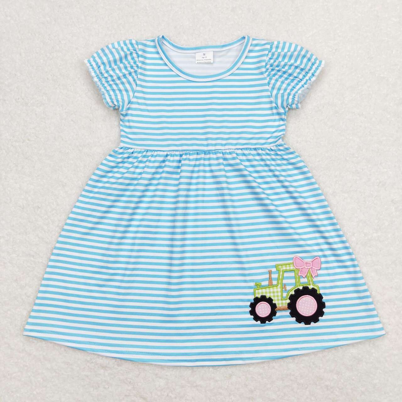 Tractor Blue Stripe Embroidered Girls Dress - Preorder