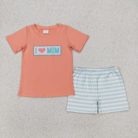 I Love Mom Embroidered Orange Stripes Boys Shorts Set - Preorder