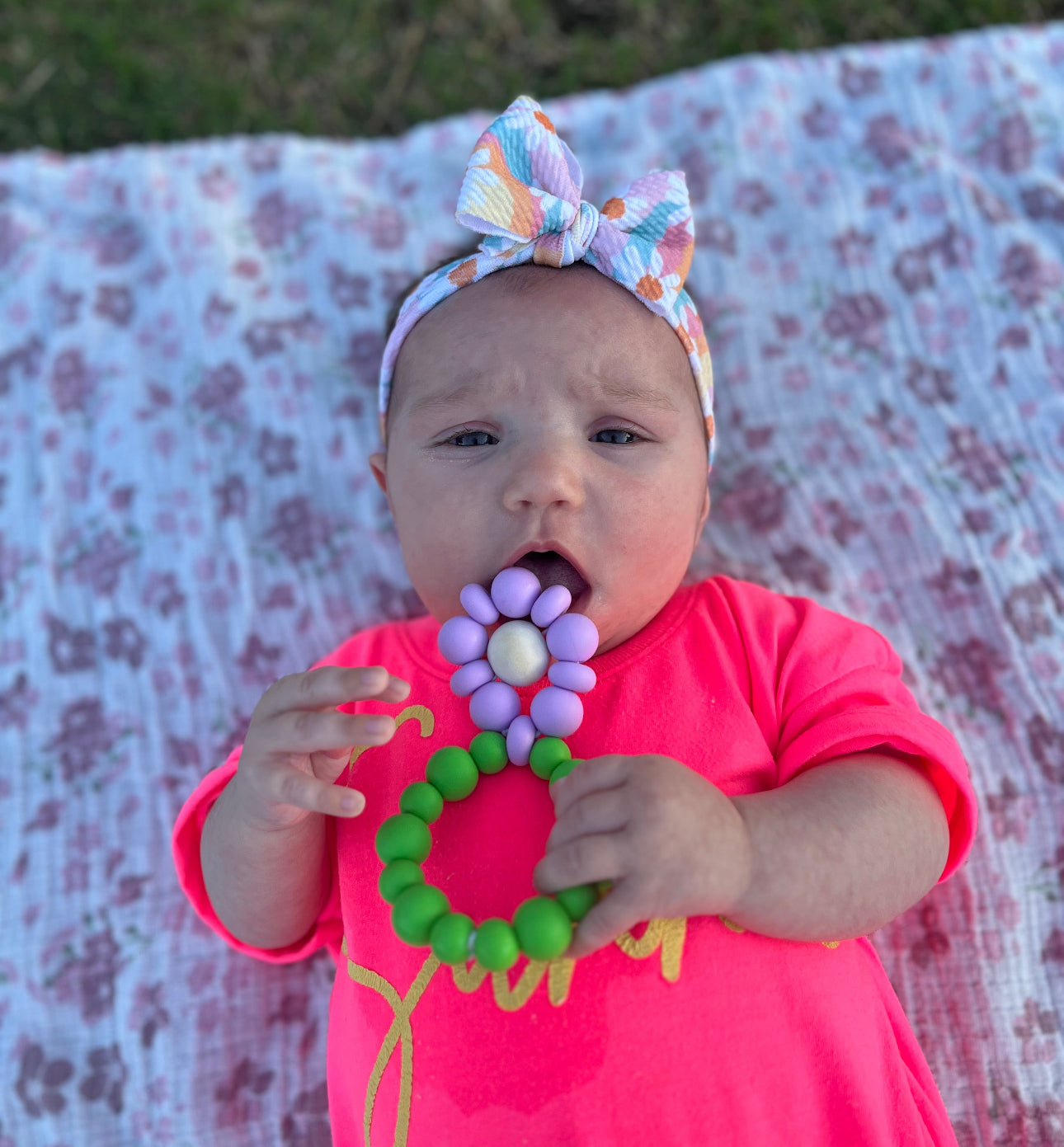 Flower Teether — Shocking Pink & Green