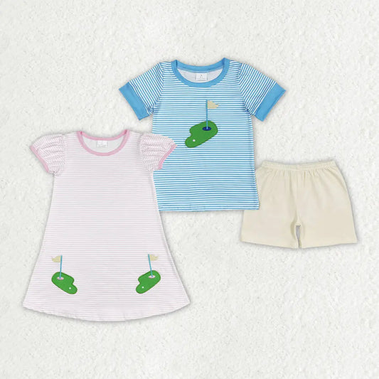 Blue Stripes Embroidered Boys Golf Short Set - Preorder
