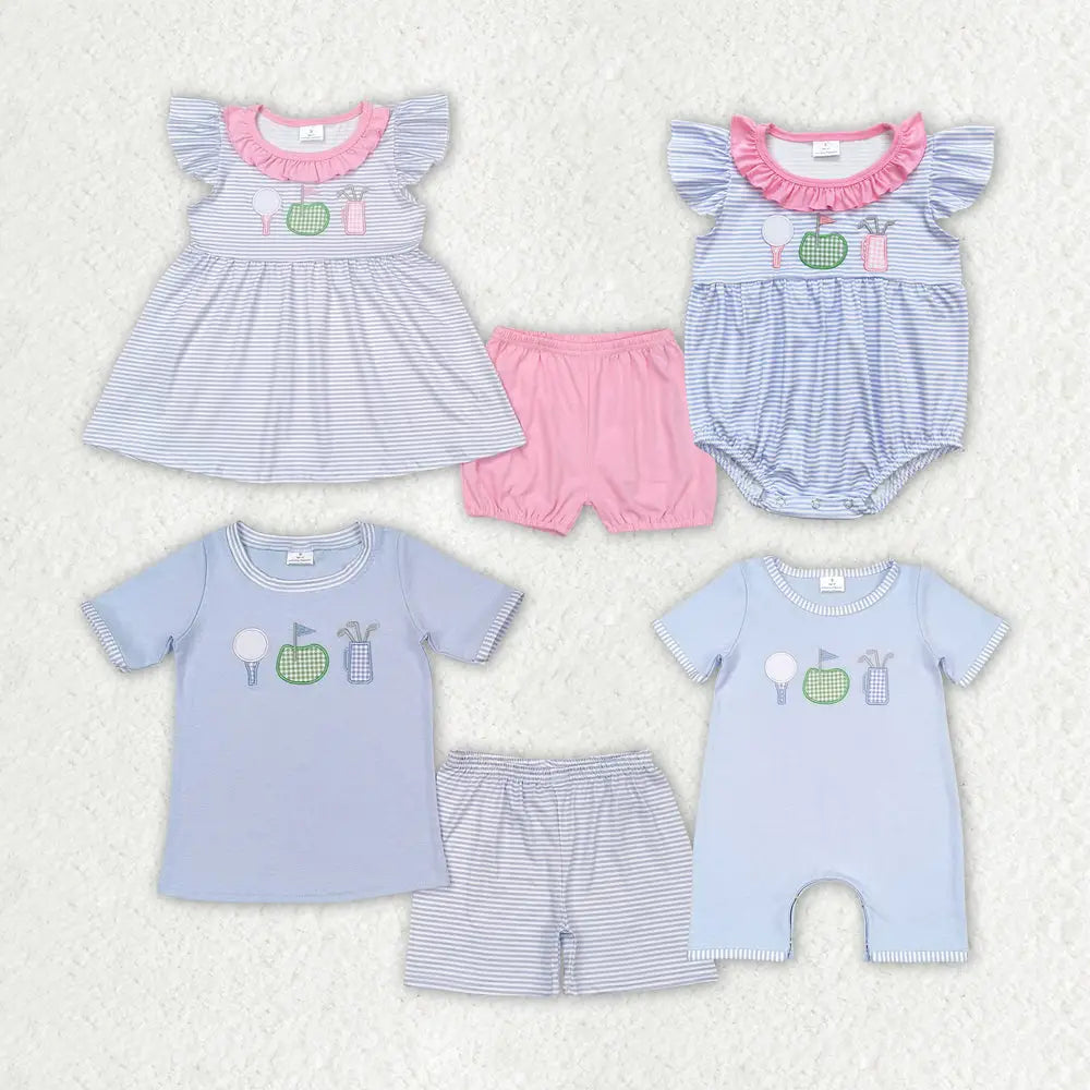 Pink & Blue Stripes Embroidered Golf Sibling Outfits - Preorder