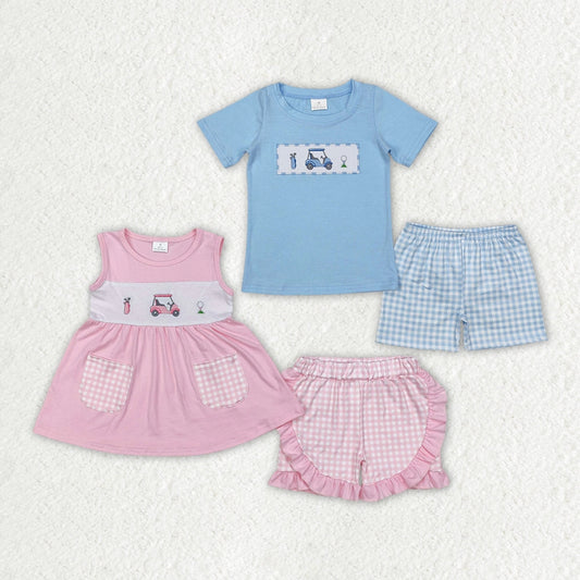 Blue Gingham Embroidered Boys Golf Short Set - Preorder