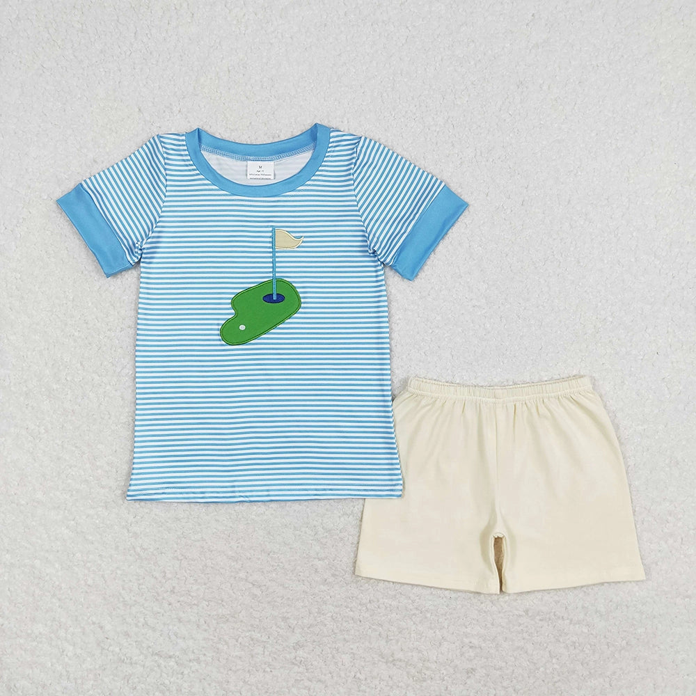 Pink & Blue Stripes Embroidered Golf Sibling Outfits - Preorder