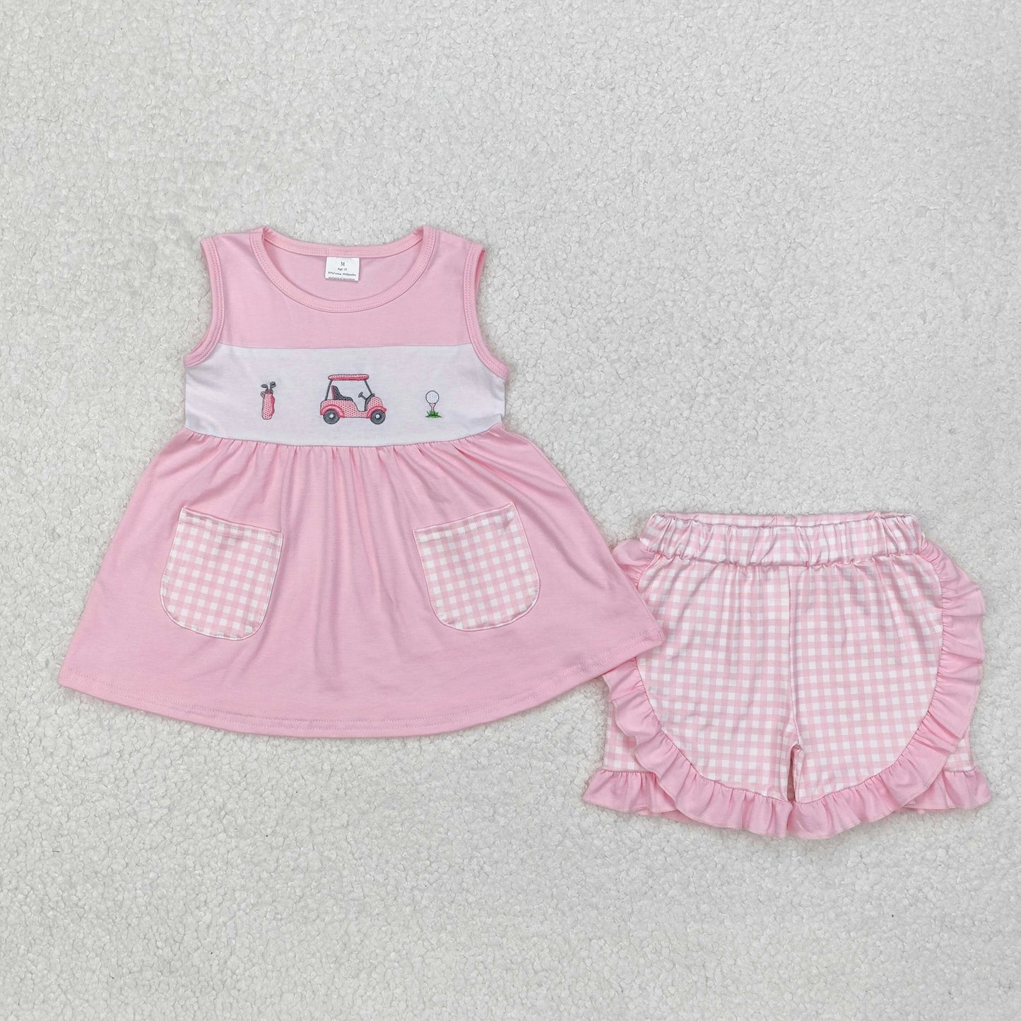 Pink Gingham Embroidered Girls Golf Shorts Set - Preorder