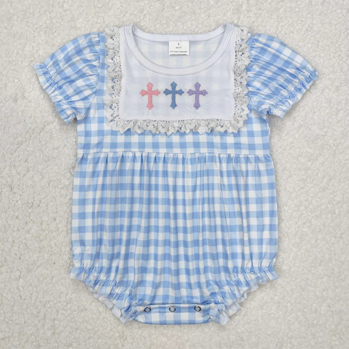 Girls Blue Gingham Cross Romper - Preorder