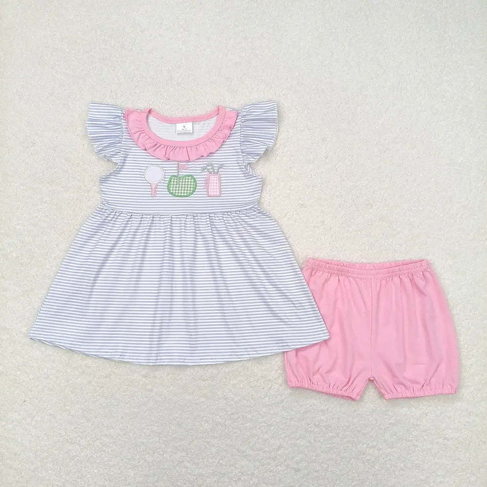 Pink & Blue Stripes Embroidered Golf Sibling Outfits - Preorder