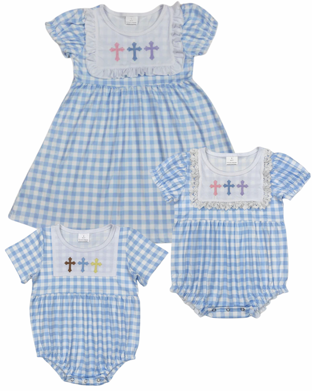 Blue Gingham Cross Sibling Outfits - Preorder