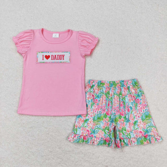 I Love Daddy Tropical Embroidered Girls Shorts Set - Preorder