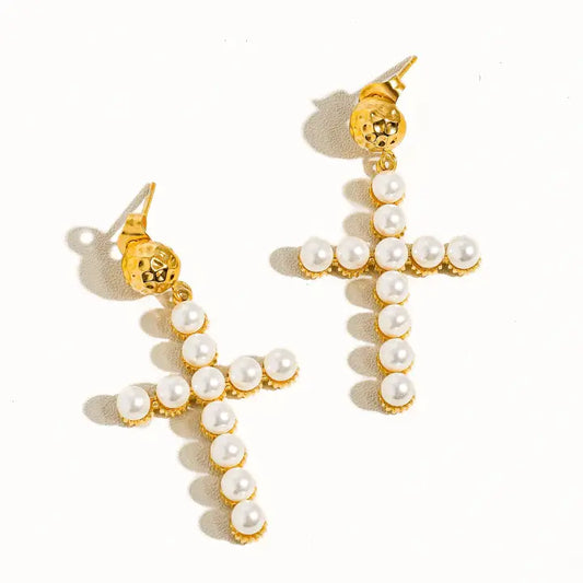 Lisette 18K Gold Non-Tarnish Pearl Cross Earring