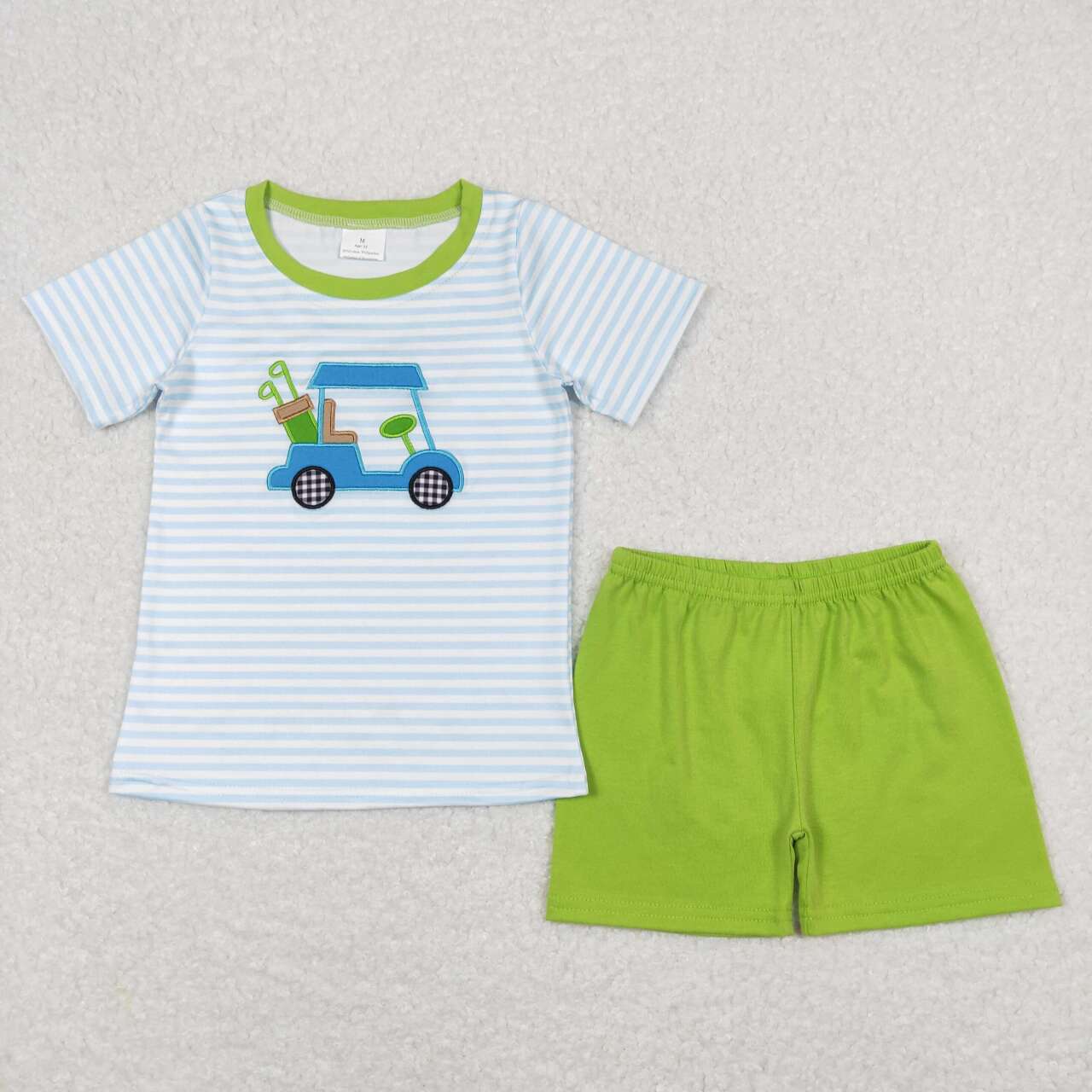 Blue/Green Striped Embroidered Boys Golf Short Set - Preorder