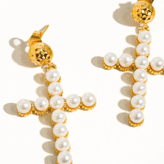Lisette 18K Gold Non-Tarnish Pearl Cross Earring