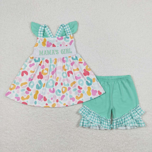 Mama's Girl Embroidered Leopard Mint Shorts Set - Preorder
