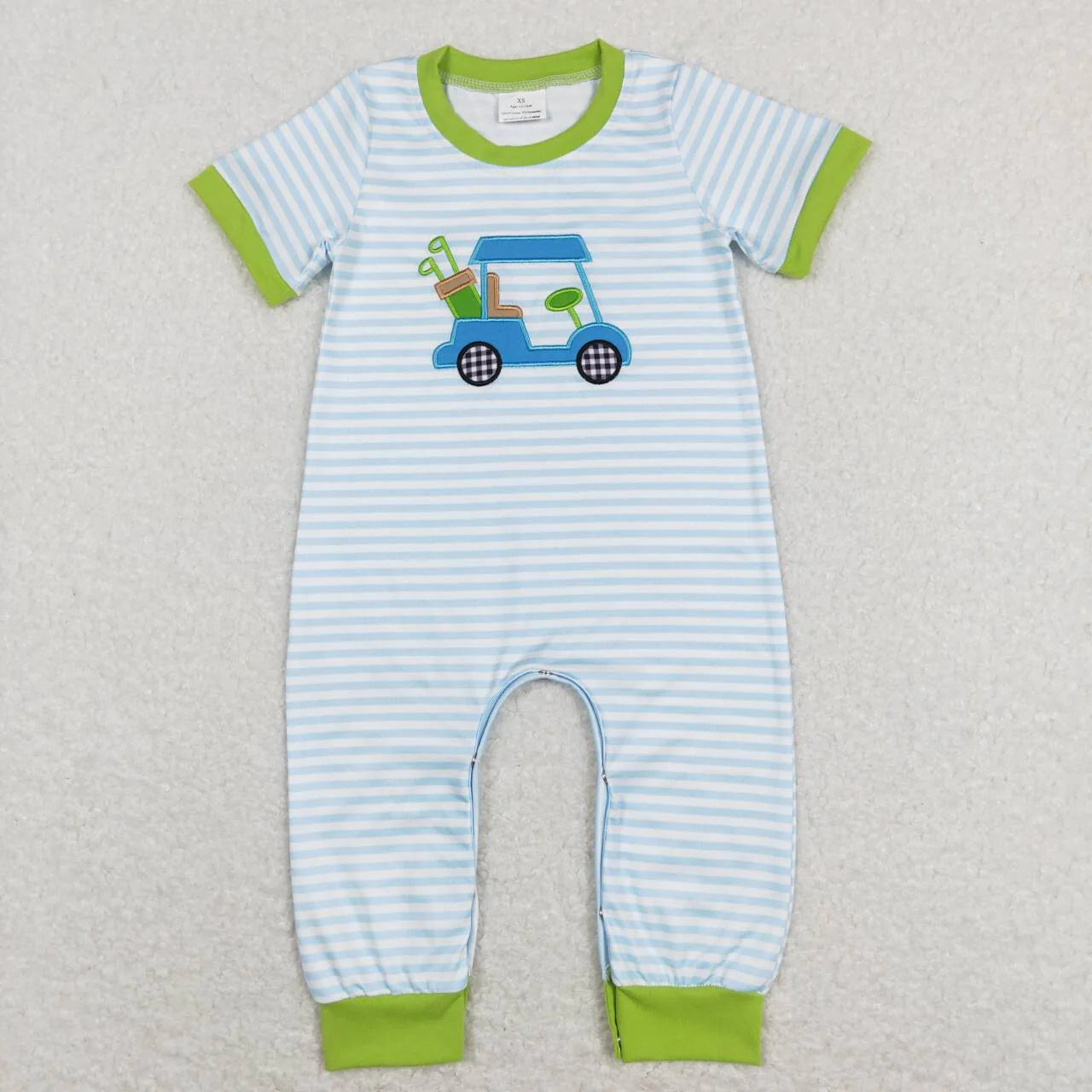 Blue/Green Striped Embroidered Boys Golf Romper - Preorder