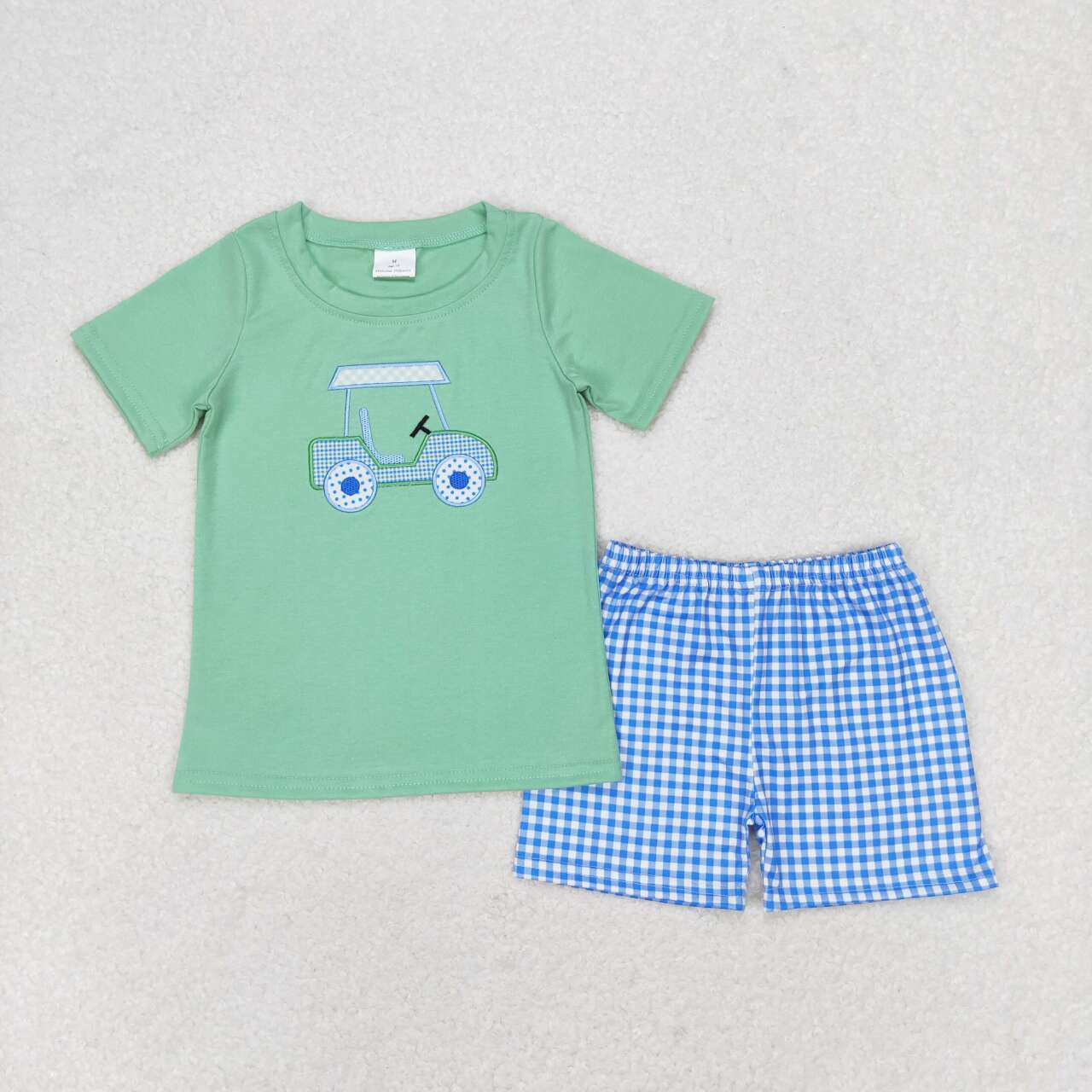 Blue/Green Gingham Embroidered Boys Golf Short Set - Preorder