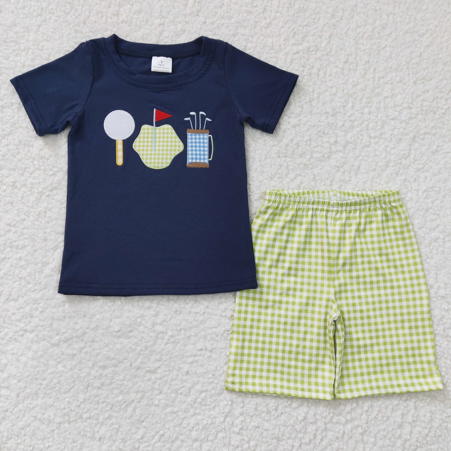 Navy/Green Gingham Embroidered Boys Golf Short Set - Preorder