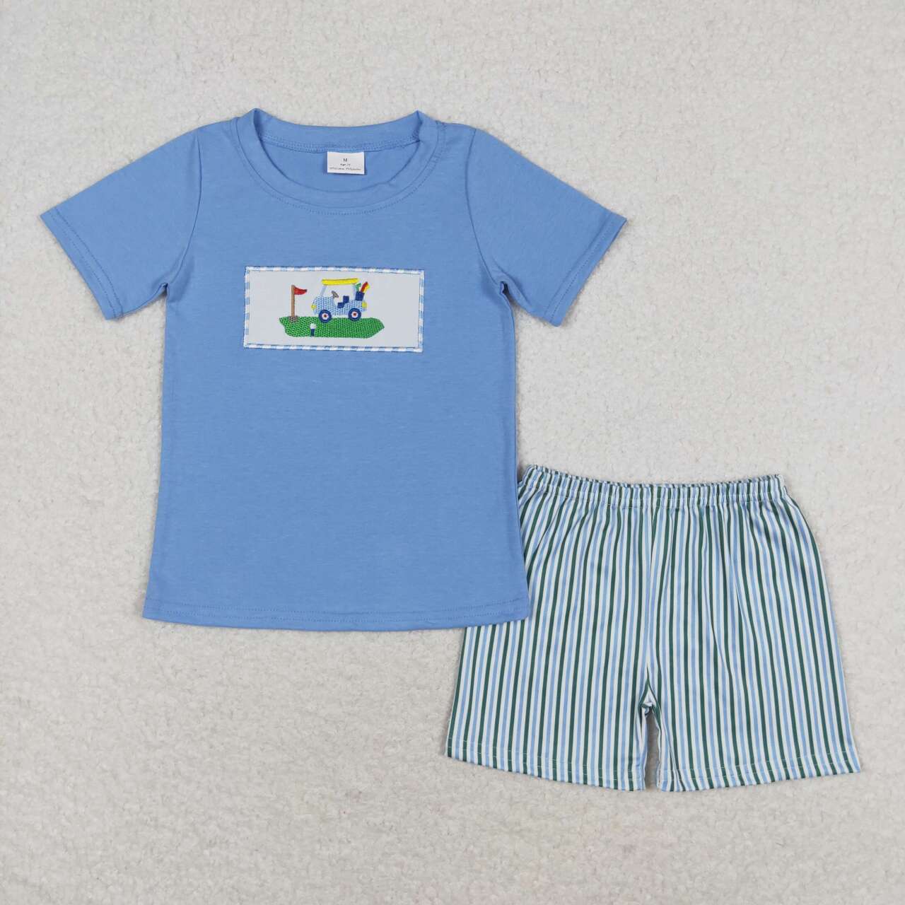 Blue Stripe Embroidered Boys Golf Short Set - Preorder