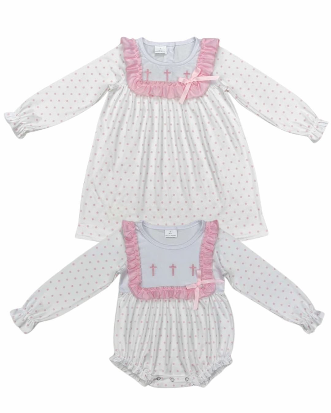 Pink Embroidered Cross Sibling Outfits - Preorder