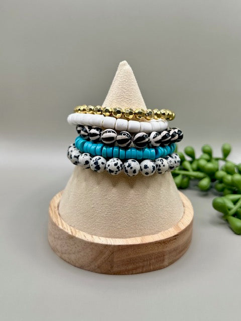 Dyed Agate X Dalmatian Jasper X Turquoise 5pc Adult Bracelet Stack