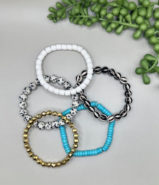 Dyed Agate X Dalmatian Jasper X Turquoise 5pc Adult Bracelet Stack