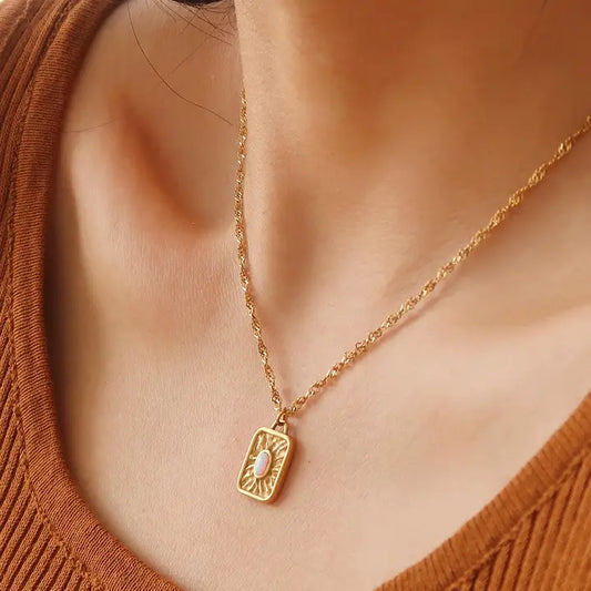 Elaine 18K Non-Tarnish Rectangle Stone Sun Necklace - preorder
