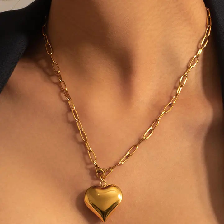 Paris 18K Gold Non-Tarnish Large Heart Chain Necklace LINK CHAIN- preorder