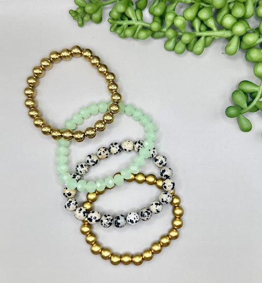 Dalmatian Jasper X Mint 4pc Adult Bracelet Stack