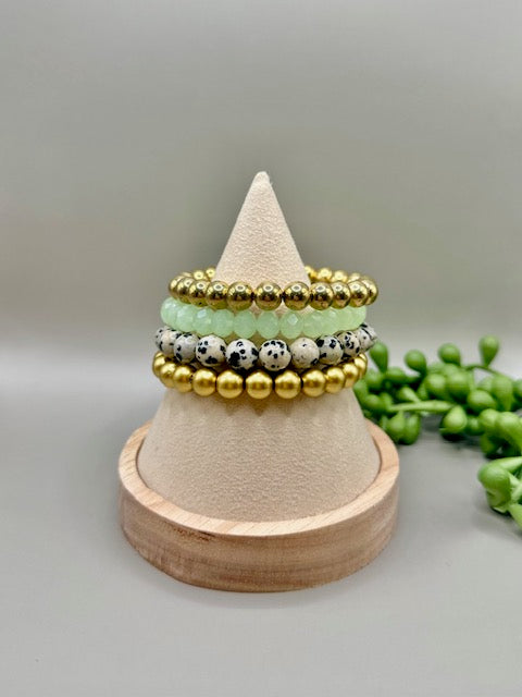 Dalmatian Jasper X Mint 4pc Adult Bracelet Stack