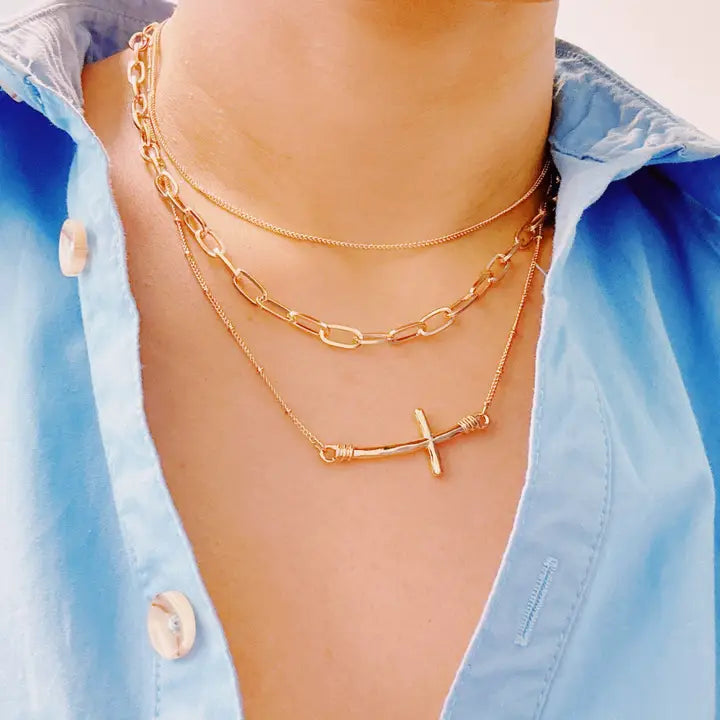 Side Hanging Cross Layered Chain Necklace - preorder