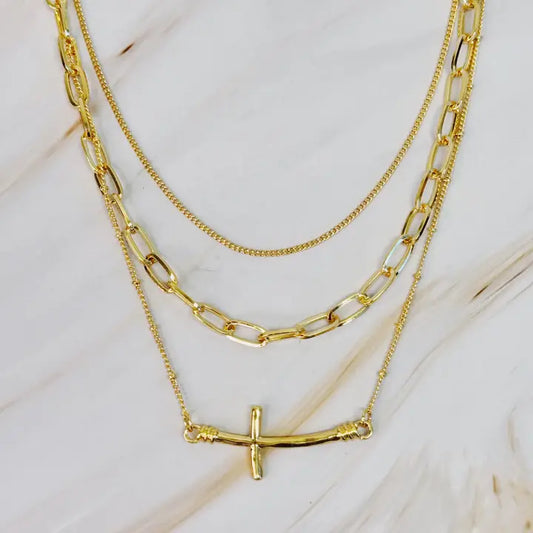 Side Hanging Cross Layered Chain Necklace - preorder