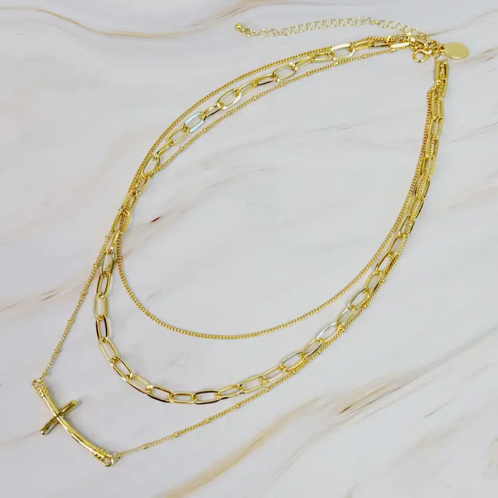 Side Hanging Cross Layered Chain Necklace - preorder