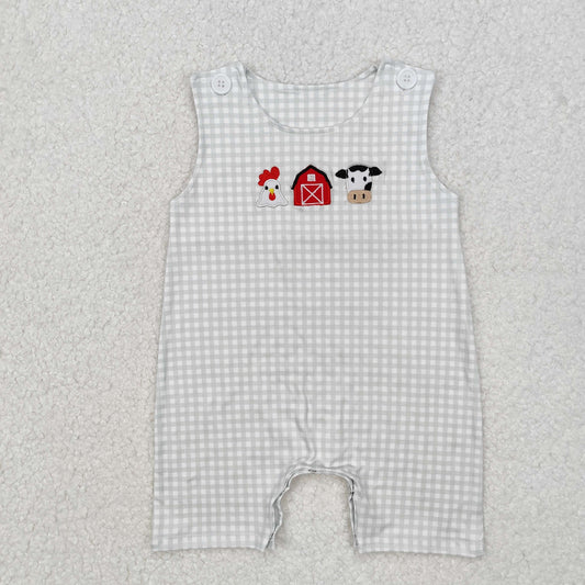 Boys Farm Romper (Gray Gingham Embroidered) - Preorder