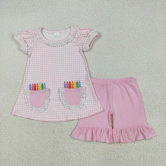 BTS Pink Gingham Crayons Girls Shorts Set - Preorder